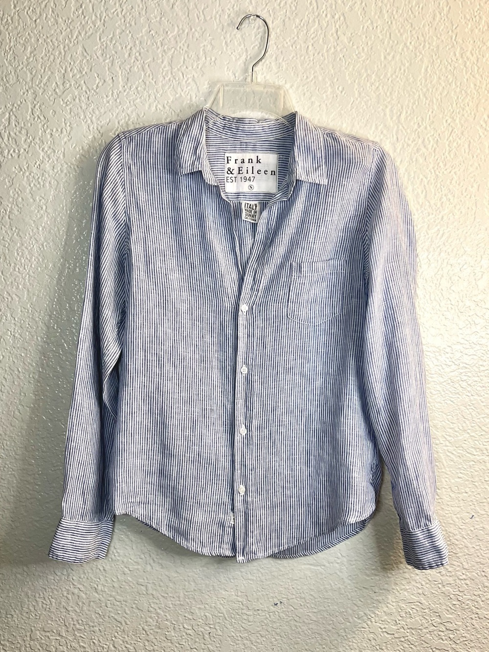 Frank & Eileen Blue White Striped Linen Button Front Shirt Preppy Luxe Top Small